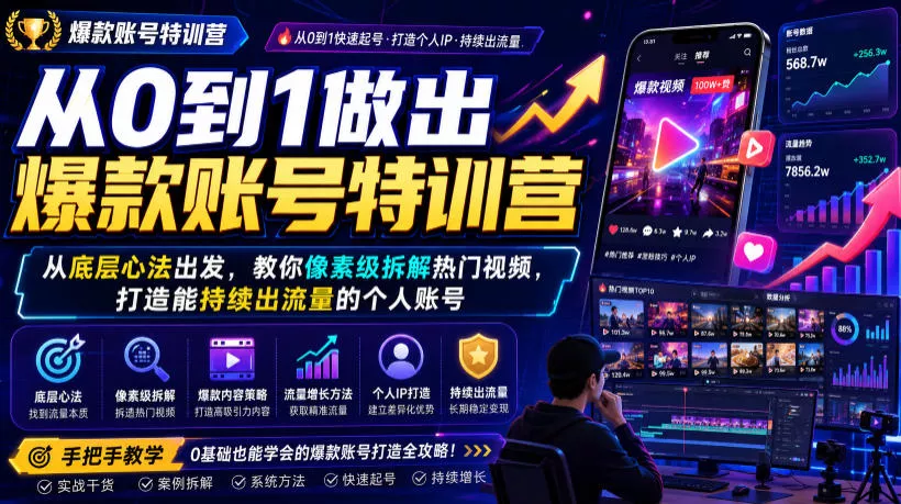 从0到1做出爆款账号特训营,从底层心法出发,教你像素级拆解热门视频,打造能持续出流量的个人账号这是一个演示站这是一个演示站